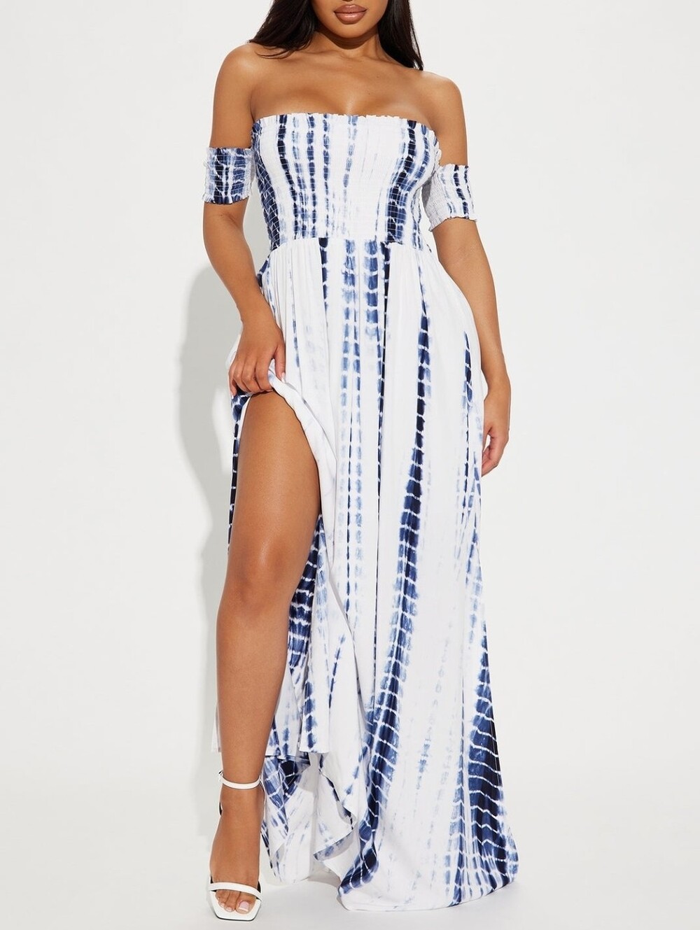 Off-Shoulder Navy Tie-Dye Maxi Dress